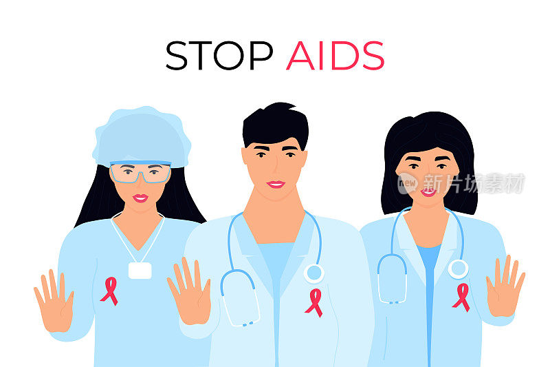 A group of doctors with red ribbons on medical gowns show a gesture of Stop Aids. World sexual health day.
